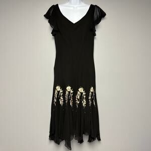 Y2K Witchy Whimsigoth Fairy Embroidered Flutter Sleeve Black Chiffon Dress Sz 12
